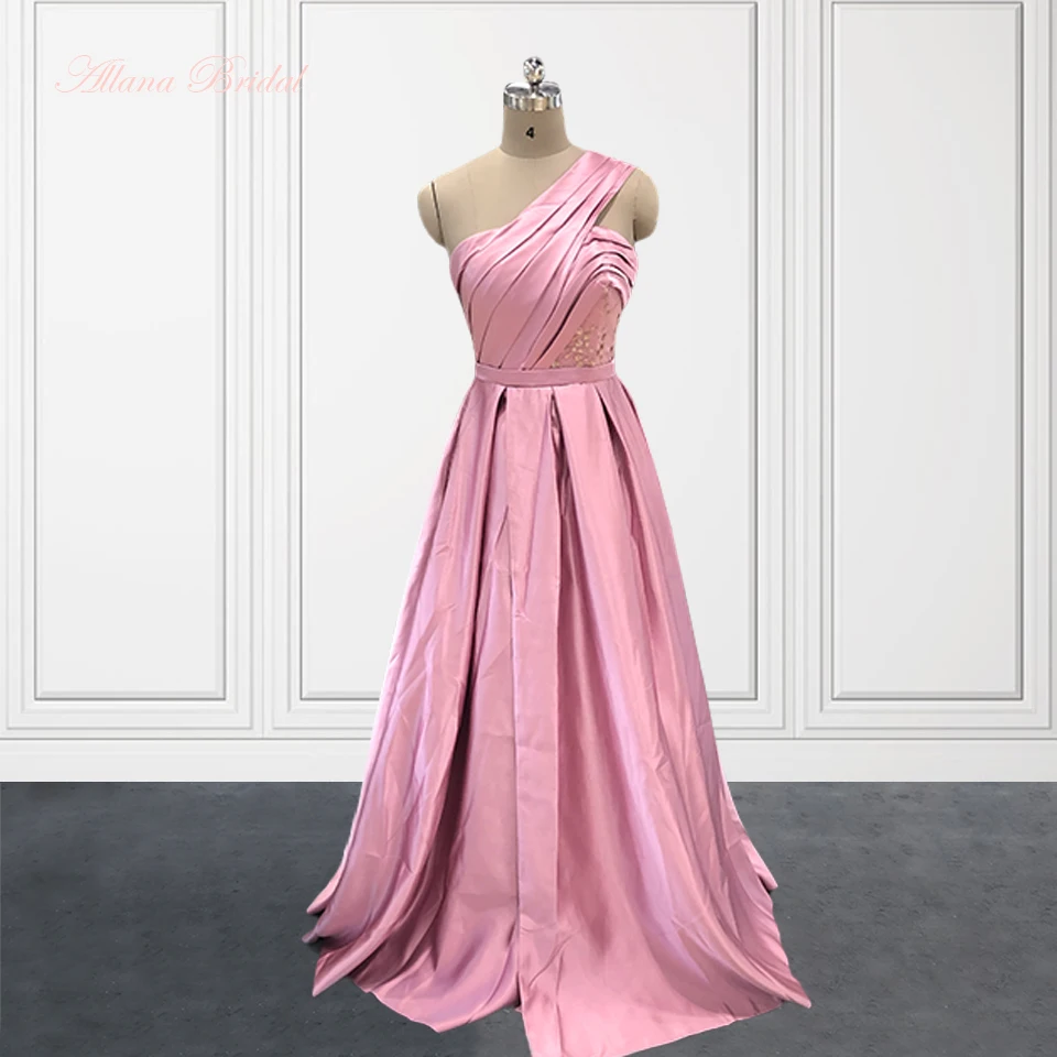 

One Shoulder Dusty Pink Satin Prom Dresses 2023 with Pockets for Women Pleat Long Formal Gowns with Appliques and Side Slit