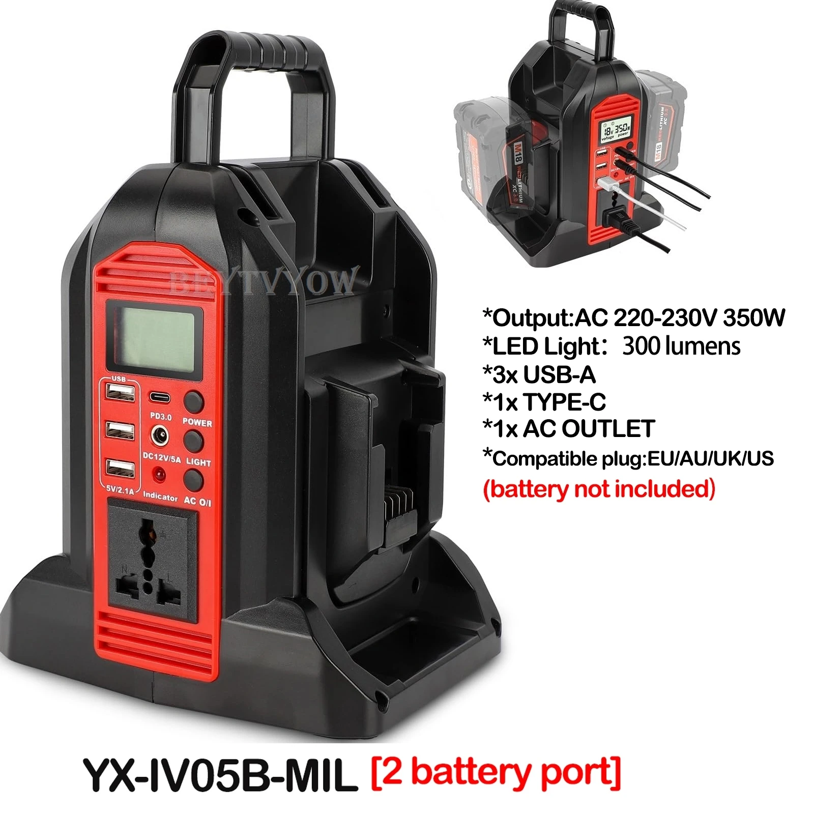 350W Pure Sine Wave Power Inverter for Milwaukee M18 18V Battery 2-Ports DC 18V