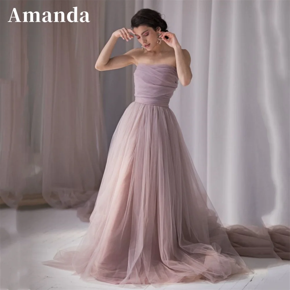 

Amanda Elegant Vestidos De Noche Nude Pink Tulle Sweep Train فساتين مناسبة رسمية Gentle Strapless A-line Prom Dress 2023