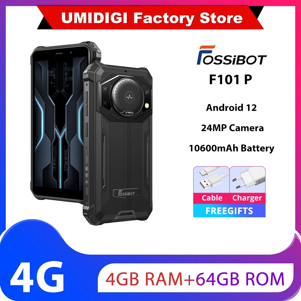 FOSSiBOT F101P Smartphone Robustzo – Batteria 10600mAh, 7GB RAM, 64GB ROM, Altoparlante 3.5W, Fotocamera 24MP, IP68, Android 13, Nero