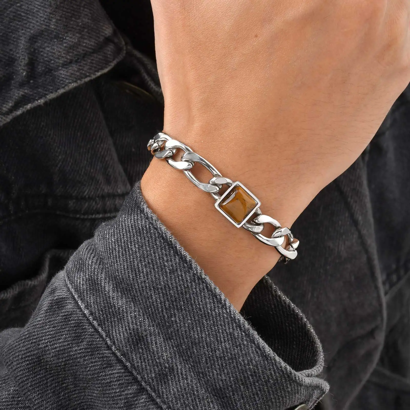 Stilvolle Tigerauge-Stein-Kettenarmbänder für Männer, verstellbares Kettenarmband aus Edelstahl, einfaches Persönlichkeits-Schmuckgeschenk – Detail 1