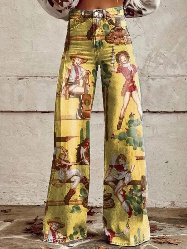 Fashion Printed Button-zip Women's Pants Elegant High Waisted Bell Bottom Pant Vintage Floral Printed Versatile Casual Fly Pants 3