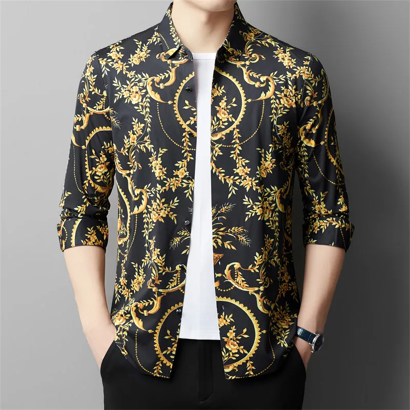 Gold-Flowers-Printed-Luxury-Shirts-For-Mens-Designer-Stylish-Clothing ...