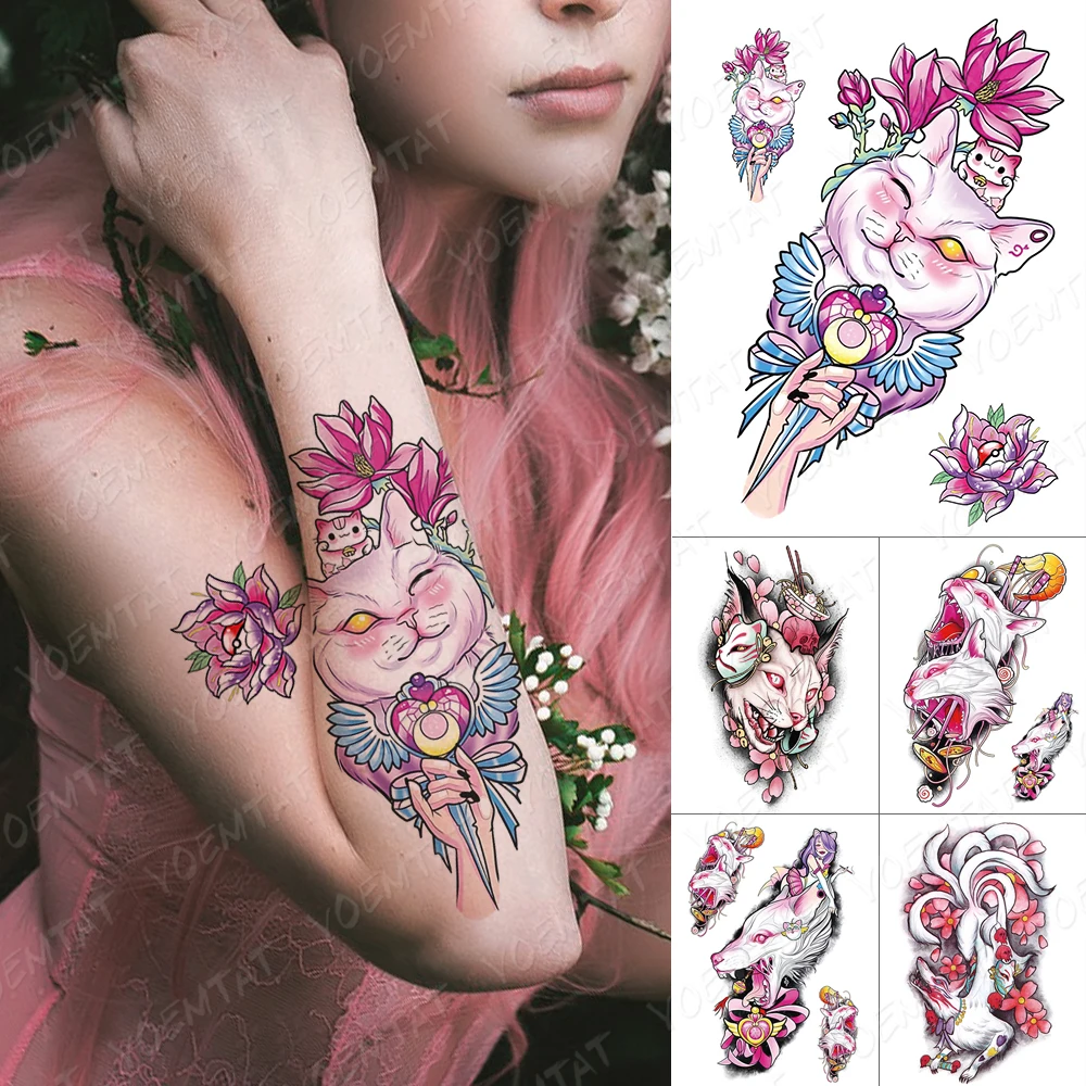 

Waterproof Temporary Tatto Sticker Japanese Cute Girly Pink Cat Fox Body Art Flower Flash Fake Tattoo Men Women Transfer Tattoos