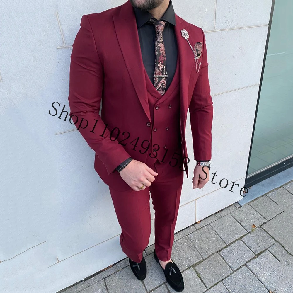 Burgundy Best Men Tuxedos For Wedding 3 Pieces Formal Groomsmen Bridegroom Wedding Tuxedos Groom Wear Costume Homme Mariage