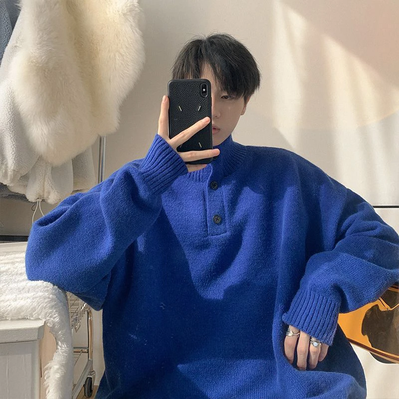 Unisex Knit Autumn Winter Button Turtleneck 2024 New Casual Long Sleeve Men Tops Fashion Oversized Trend Men Japanese Streetwear