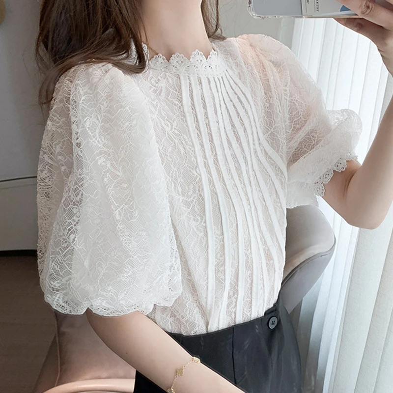 Vul in ideologie rust Chic Korean White Blouse Women O Neck Lantern Sleeve Lace Blouse Elegant  Shirts Summer Tops Blusas Mujer| | - AliExpress