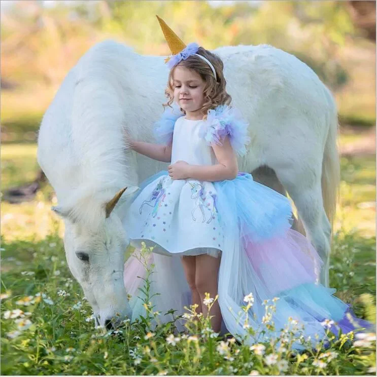 

Girls Rainbow Unicorn Princess Dress Cake Layers Tutu Prom Gown For Kids Children Wedding Evening Formal Party Pageant Vestidos