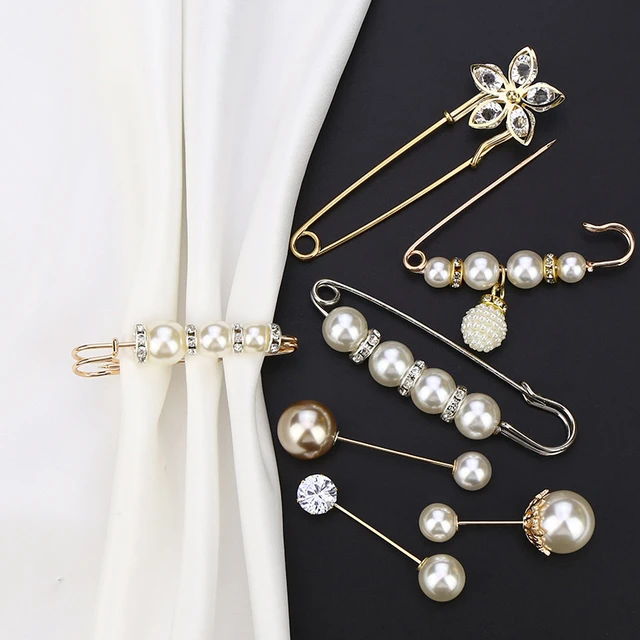 9 Pcs Pearl Brooch Pins Safety Pins for Clothes Sweater Shawl Clips Faux  Pearl Rhinestones Brooches for Women Pants Extender Safety Pins