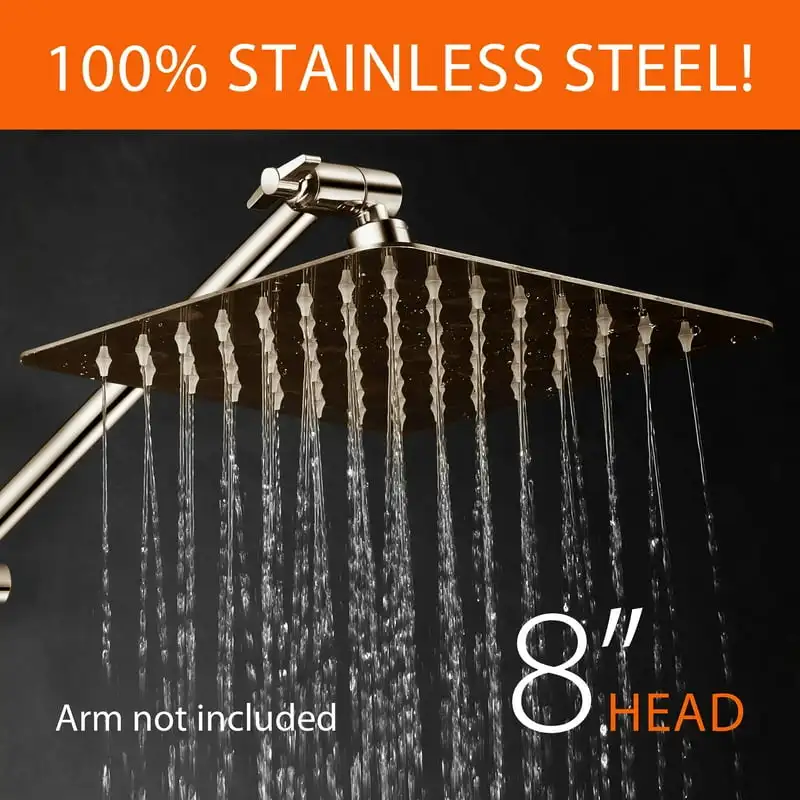 

Pressure Luxury Square 8-inch 100% Premium Stainless Steel Rainfall Shower Head, Brushed Nickel