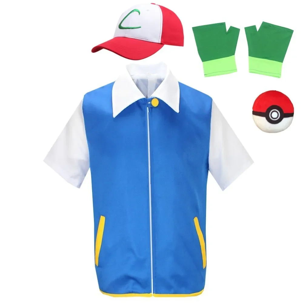 

P-Pokemon Go Blue Anime Jackets for Boys and Girls, Ash Tomato Sauce, Cosplay for Carnival Parties, Coach Hat and Glove Set
