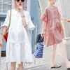 Maternity Cotton Solid Chiffon Cake Dress For Summer New Fresh Fairy Pregnancy Clothes V-Neck Knee-Length Pregnant Dress 1