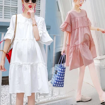 Maternity Cotton Solid Chiffon Cake Dress For Summer New Fresh Fairy Pregnancy Clothes V-Neck Knee-Length Pregnant Dress 1