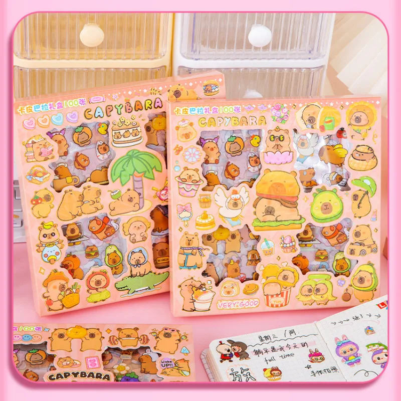 100pcs Kawaii Capybara 낙서 스티커 선물 상자 | 저널 및 테크 가젯용 인증 방수 PET 데칼 ?