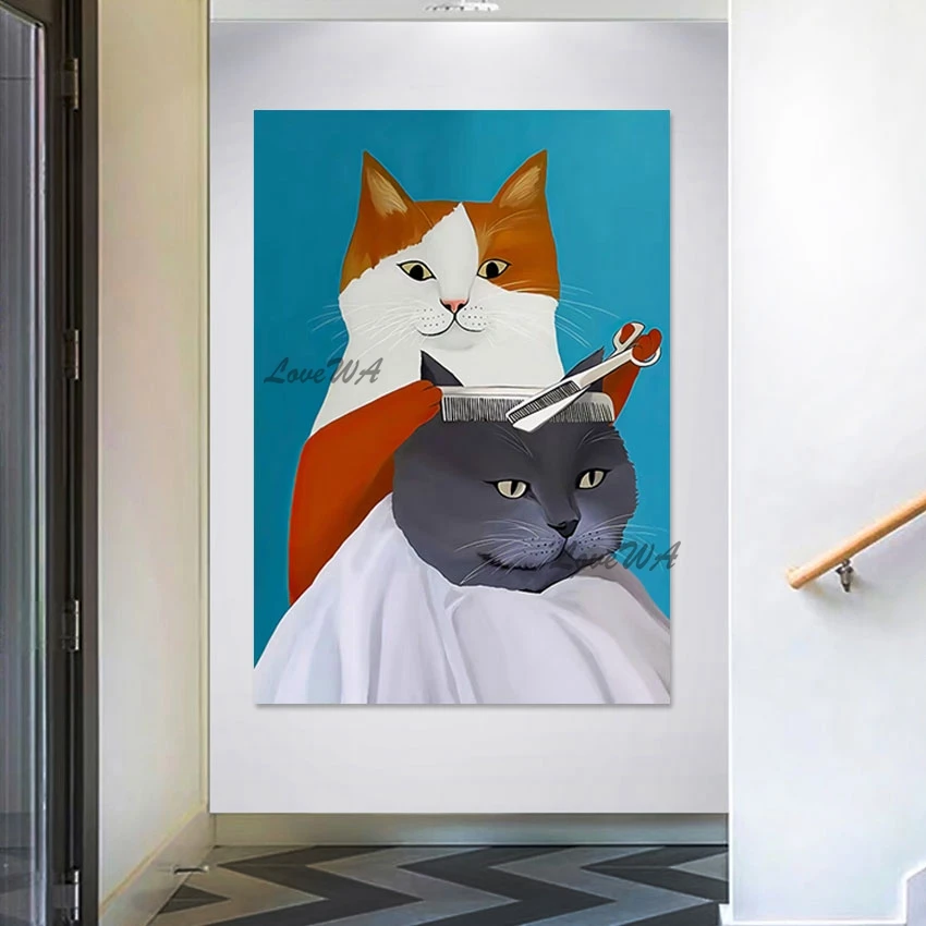 

Cat Cartoon Picture Nordic Restaurant Decor Hand Drawing Art Canvas Roll Abstract Animal Oil Painting Frameless Wall Hanging
