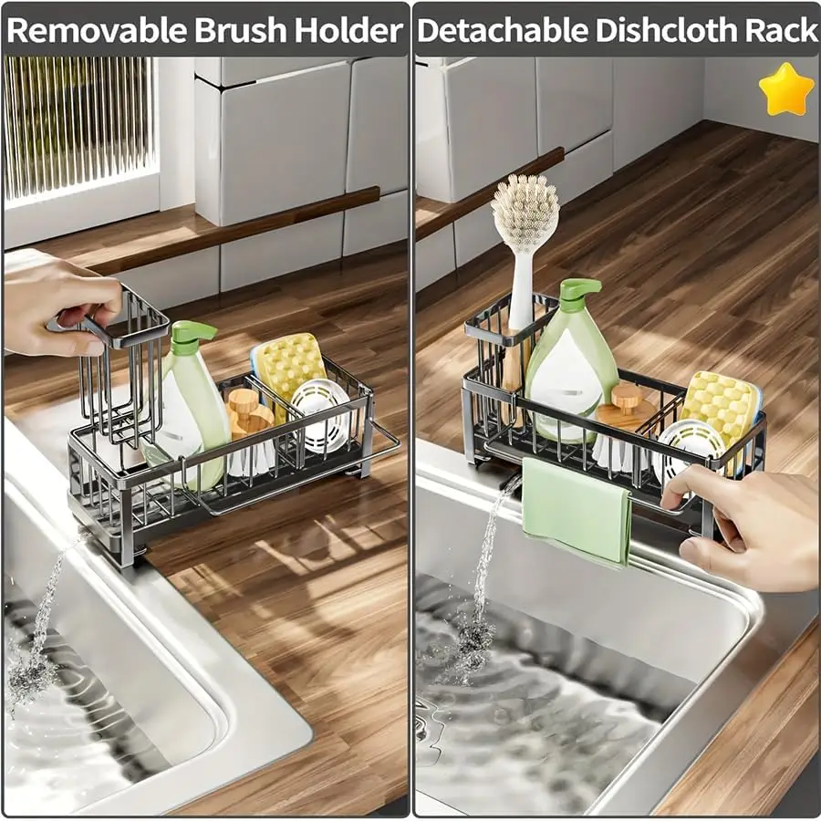 Cisily Sponge Holder for Kitchen Sink, Sink Caddy with High Brush Holder, Kitchen Sink Organizer Countertop Rustproof 304 Stainl 5