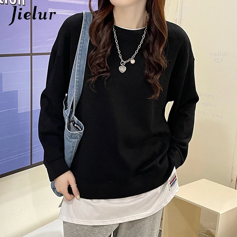 

Jielur Fake Two Piece Hoodies Female Hit Color Splicing Women's Sweatshirt Gray Apricot Winter Warm Fleece Hoody Slim Pullover