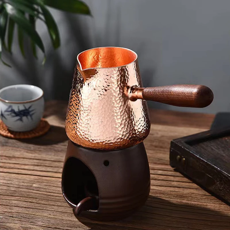 Pure Copper Latte Pitcher Milk Jug with Wooden Handle Kettles Handcraft Drinkware Tableware 500ml