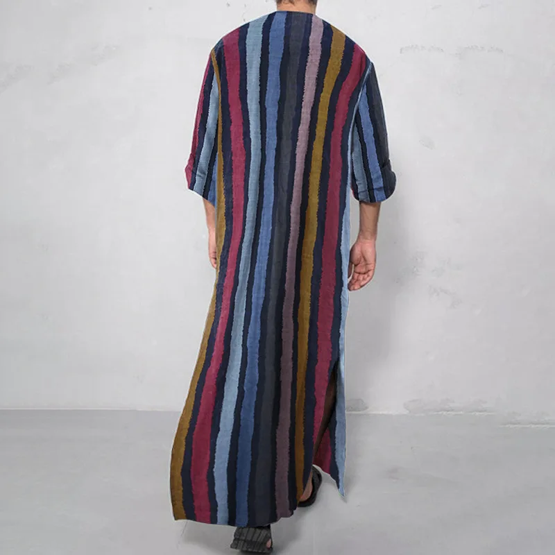 cotton pajamas for men Men's Nightgown Robes Arabian Striped Shirt Ethnic Clothing Long Sleeves Retro Kimono House Skirt Cotton Bathrobe Lingerie mens silk pajamas
