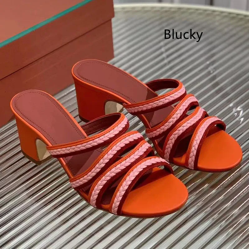 

Women's woven open toe thick heeled slippers Women's luxurious multi-color slippers Summer ethnic style slippers Women's