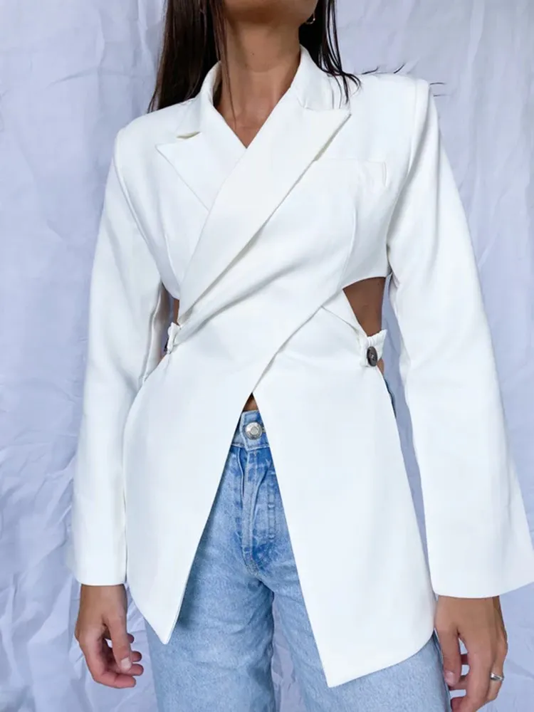 BPN Sexy Backless Blazers For Women Notched Collar Long Sleeve Spliced Button Crisscross Solid Fashion Blazer Female Clothes New