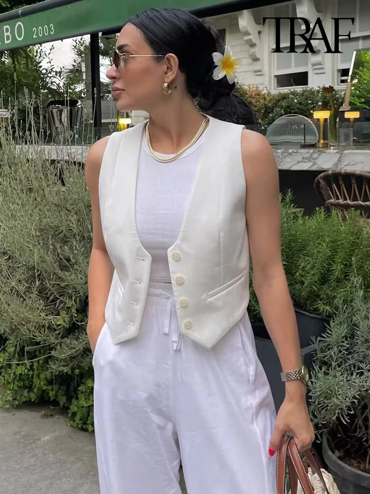 TRAF Women Fashion Front Button Asymmetric Waistcoat Vintage V Neck Sleeveless Female Outerwear Chic Vest Tops 2