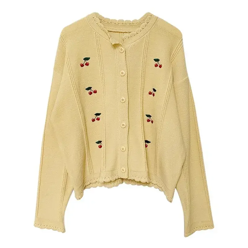 

Korean Fashion Ladies Knitted Jacket,Round Neck Soft Cherry Pattern Cardigan Sweater, Autumn Short Ladies Sweater,White Cardigan