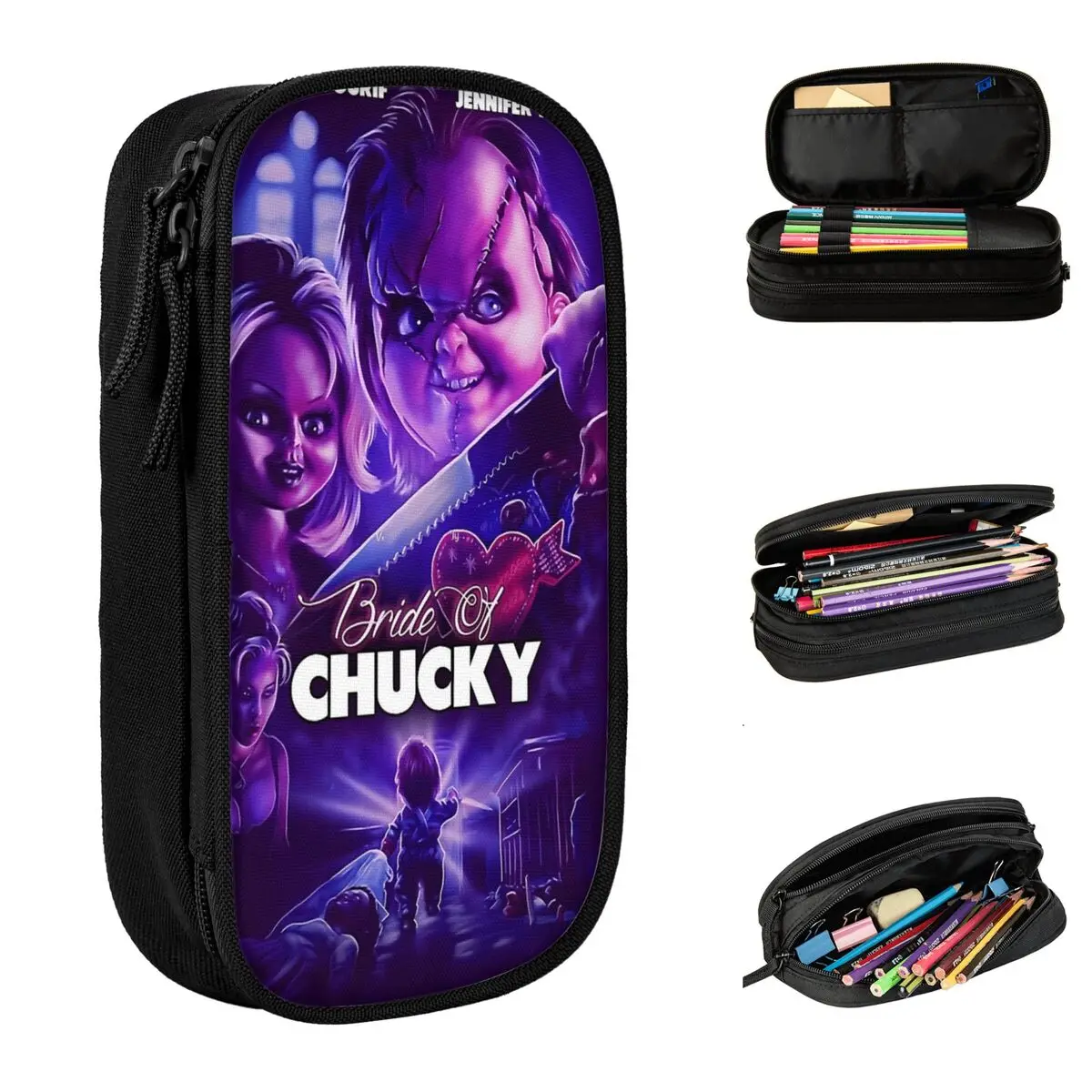 Scatola Portapenne Grande Childs Film Horror Merch Bride Of Chucky Astuccio Per Penne A Doppio Strato Donna Make Up Bag Gift