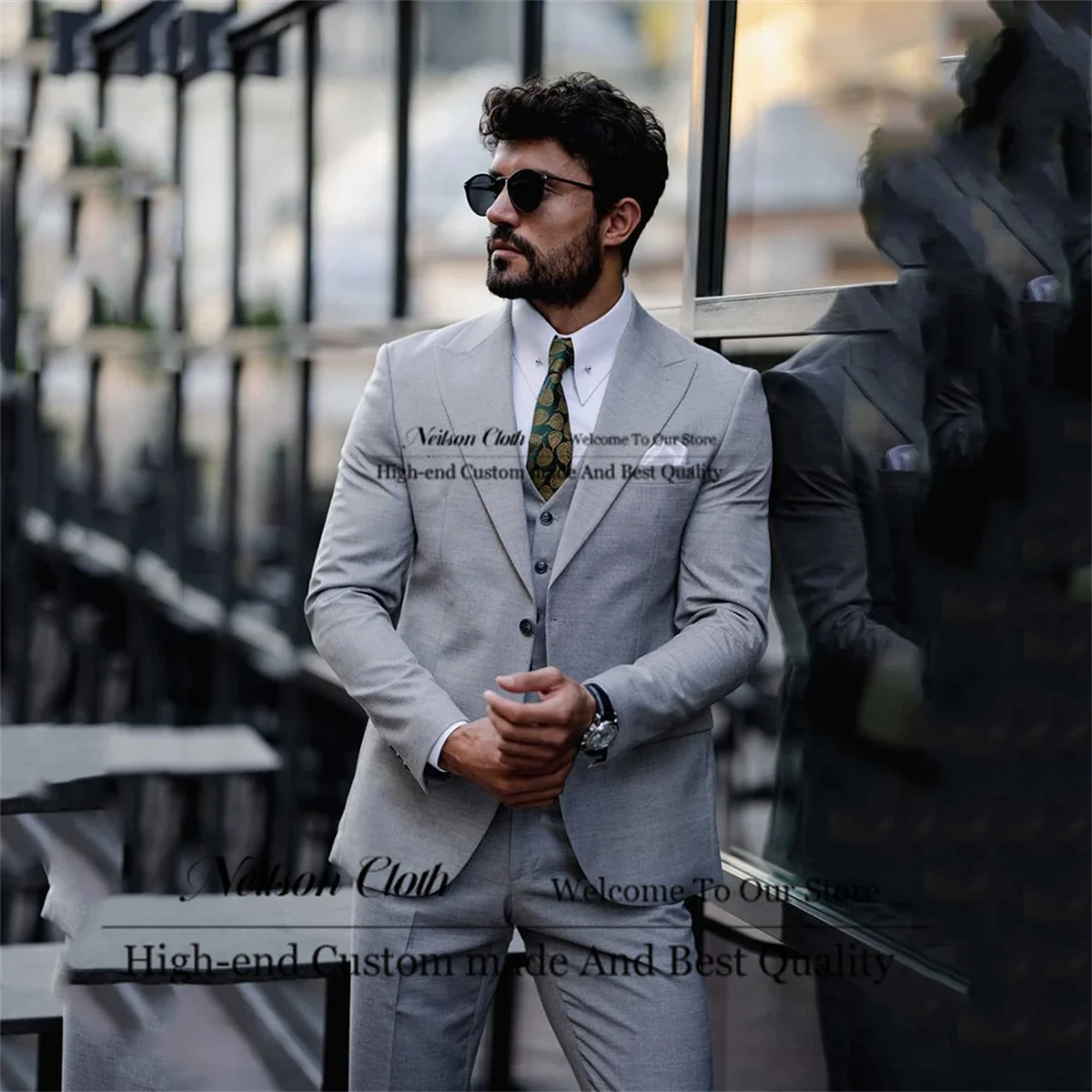 

Formal Gray Men Suits Peaked Lapel Groom Wedding Tuxedos 3 Pieces Sets Business Male Prom Blazers Slim Fit Terno Masculino