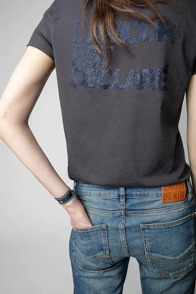 Cotton T Shirt Women Summer Back Letter Rhinestone