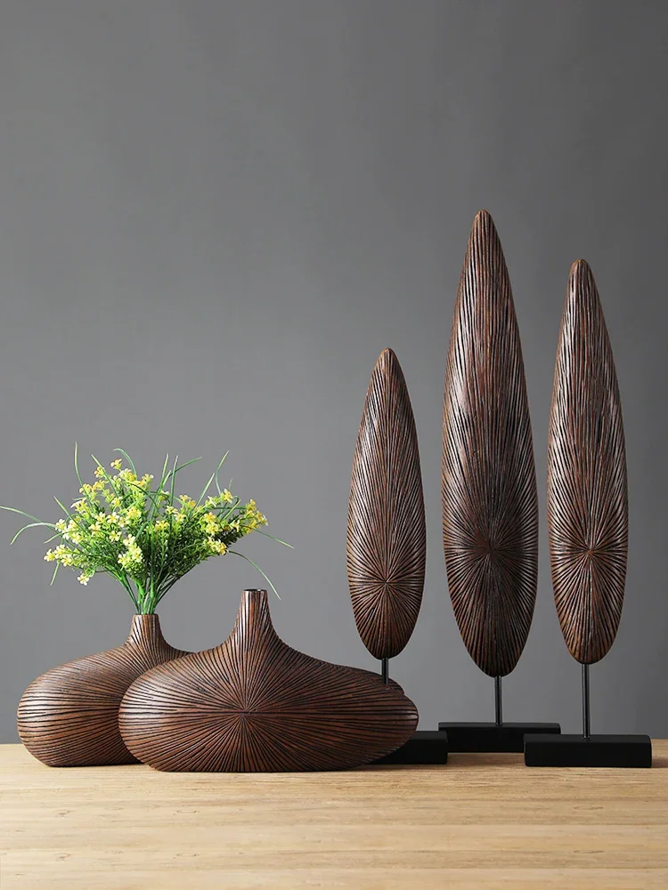 Modern Line Stripe Resin Vase Flower Arrangement Dried Flower Imitation Wood Vase Bookcase Desktop Decoration Crafts Furnishings 3