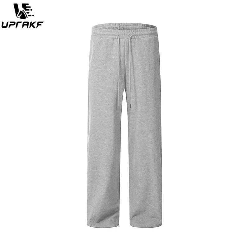 UPRAKF Drawstring Trousers Comfort Casual Streetwear Autumn Pantalones Solid Color Straight-leg Sports Style
