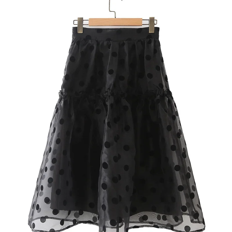 Autumn New Polka Dot Retro Gentle and Elegant Pleated High Waist Slim Body Organza Flocking Polka Dot Black Skirt Streetwear one hoop white large skirt bride bridal wedding dress elastic waist mermaid organza support petticoat for women