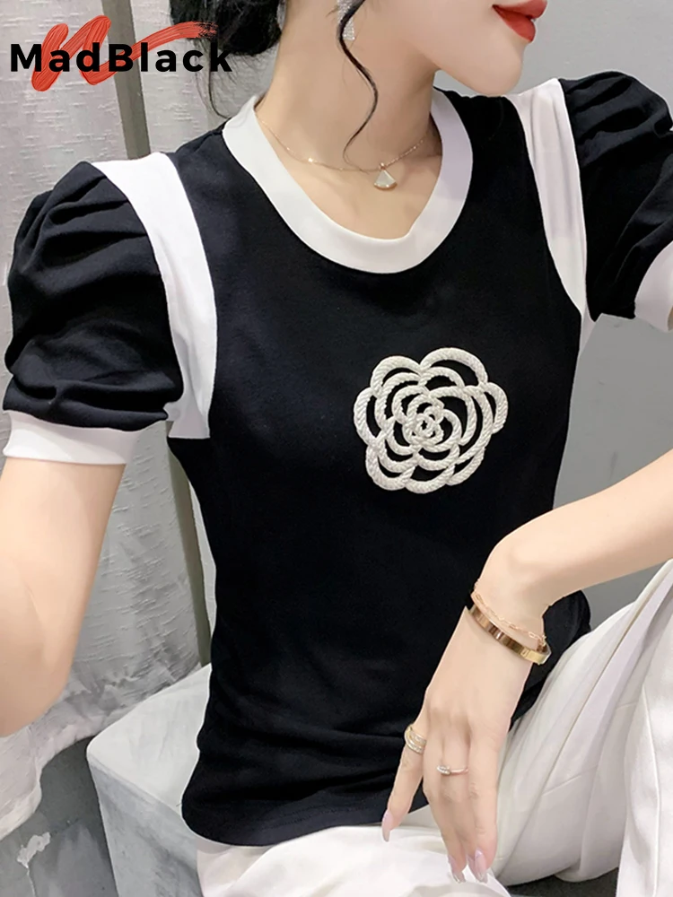 

MadBlack Summer Clothes T-Shirt Chic Sexy O-Neck Color Blocking Hand Make Beads Women Tops Short Sleeve 2022 New Tees T27501L