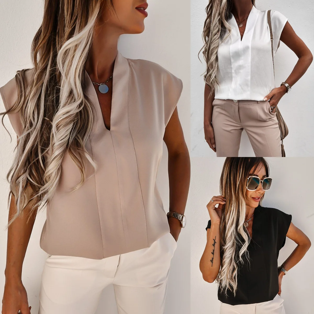 

ELIJOIN2023 spring/summer 2023 new solid color V-neck short-sleeved T-shirt top women's sleeveless V-neck fashion women's wear