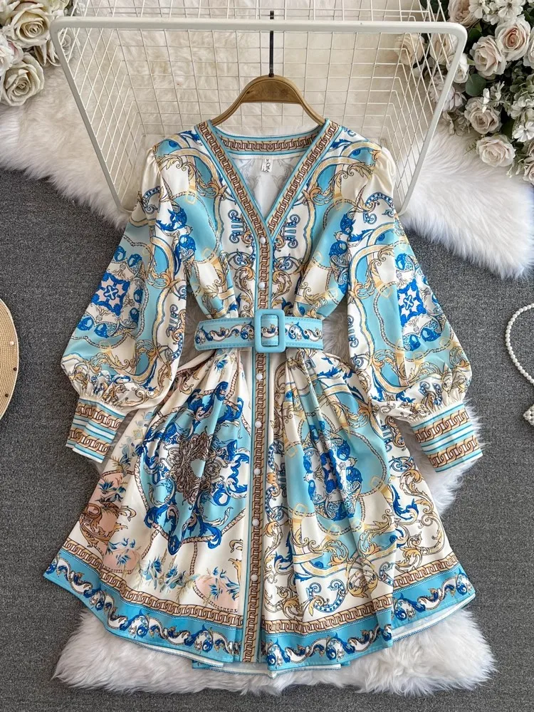 

New Fashion Paisley Flower Dress Women's V Neck Long Lantern Sleeve Floral Print Buttons Down Sashes Short Mini Vestidos 2474