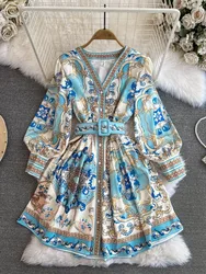 New Fashion Paisley Flower Dress Women's V Neck Long Lantern Sleeve Floral Print Buttons Down Sashes Short Mini Vestidos 2474