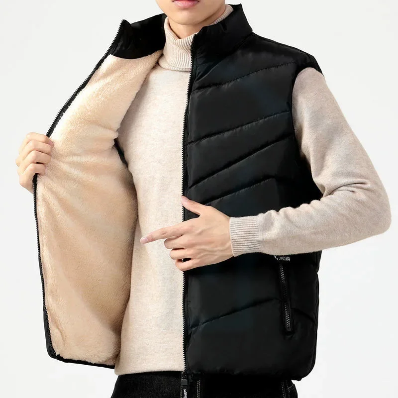 New Fashion Men\'s Solid Color Down Cotton Vest Winter Lamb Fleece Thick Warm Jacket Coats Male Clothes