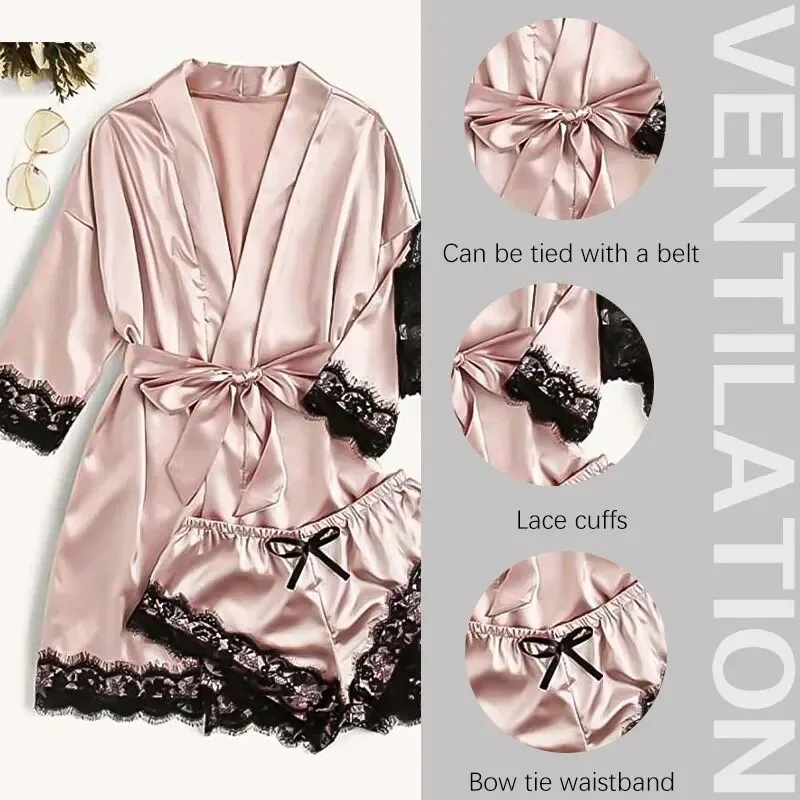 Women Pajamas Set Fashion Print Lace Trim Faux Silk Satin Gown Skin Friendly Comfort Loungewear