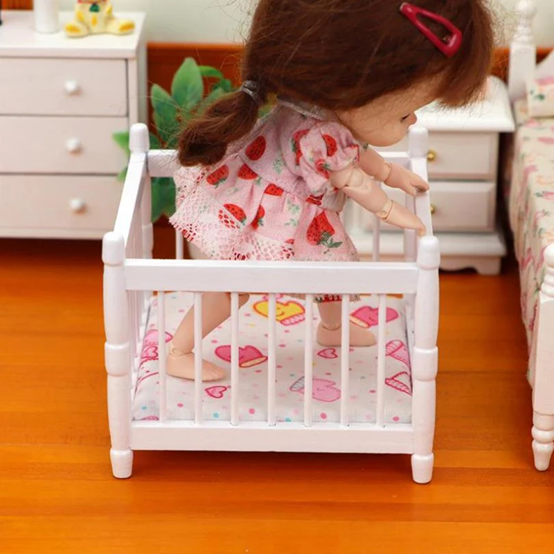 1Set 1:12 Dollhouse Miniature Iron European Bed Cradle Bed With Mattress Cushion Hanging Model Toys Furniture Bedroom Decor Toy 5