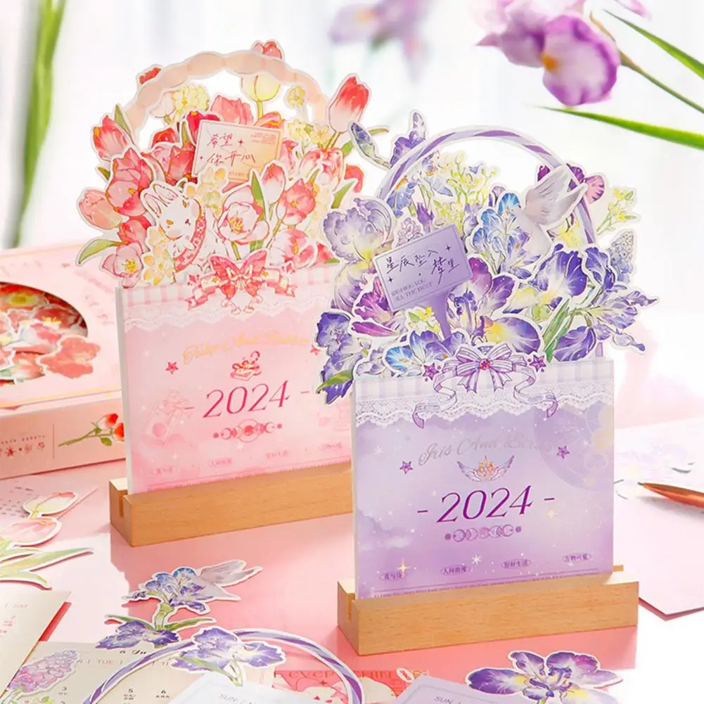 Calendario Da Tavolo 2024 Creative Bloomy Flower Calendario Con Carte Di Legno Calendario Mensile Staccabile Planner Decorazione Della Casa Calendario