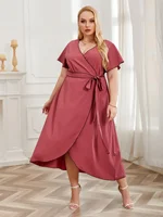 Plus Size Short Sleeve V Neck Dress With Waist Belt Plus Size color: Pink