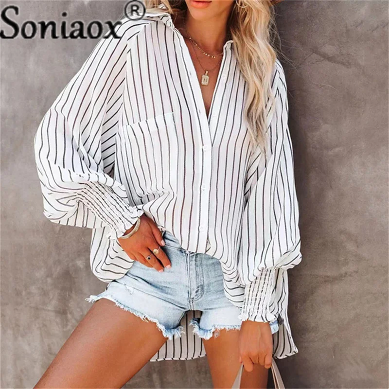 2022 Spring Autumn New Lapel Shirts Thin Mid-Length Striped Casual Long-Sleeve Blouse Top Ladies Loose Street Women's Clothing korea women s fashion pants ladies jeans 3d printed butterfly pattern casual comfort loose straight street plus size women s