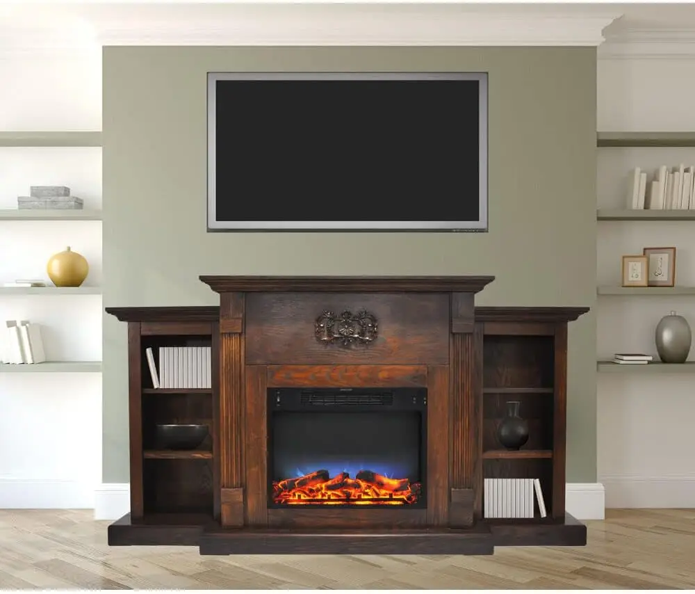 Sanoma 72 Inch Freestanding Electric Fireplace Heater with Traditional Mantel Built-In Bookshelves LED Multicolor Flames Timer
