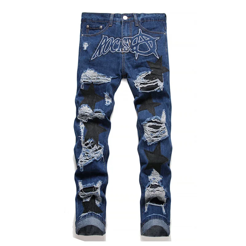 Patchworkowe Dżinsy Spodnie W Stylu Punk, Hip Hop, Podarte Spodnie Jeansowe Dla Mężczyzn Slim Fit