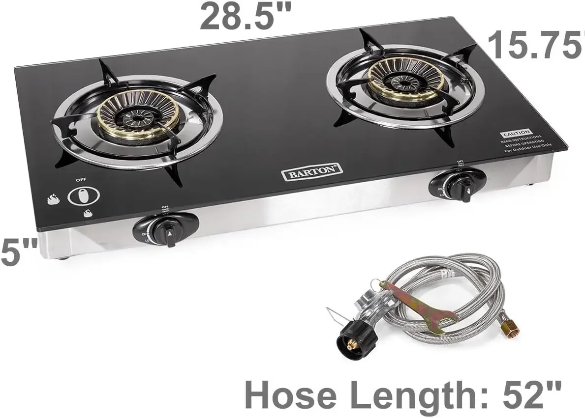 Double Burner Stove w/Auto Ignition LPG Tempered Glass Outdoor Propane Portable Camping Range 2-Burner Gas Burner 6
