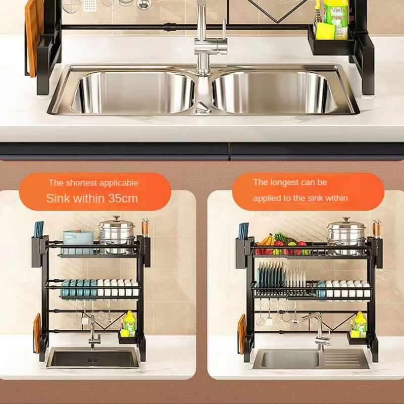 Kitchen Sink Storage Shelf Retractable Countertop Dish Organizer Multi-Function Bowl Dish Pool Top Storage Drain Rack