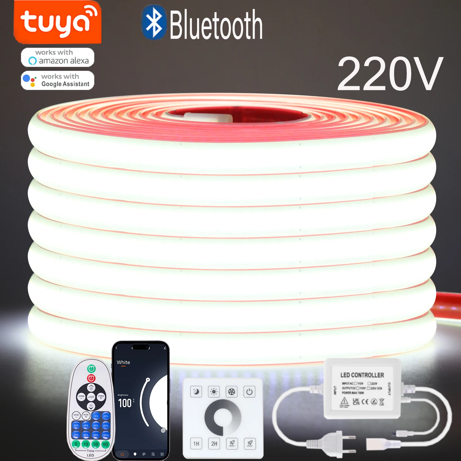 WiFi 블루투스 원격 제어 디밍이 가능한 220V COB Led 스트립 IP65..