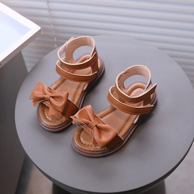 Girls' Sweet Bow Beach Shoes 2024 Summer New Children's Cute Solid Color Sandals Kids Soft Fashion Roman Sandals Wear-resistant