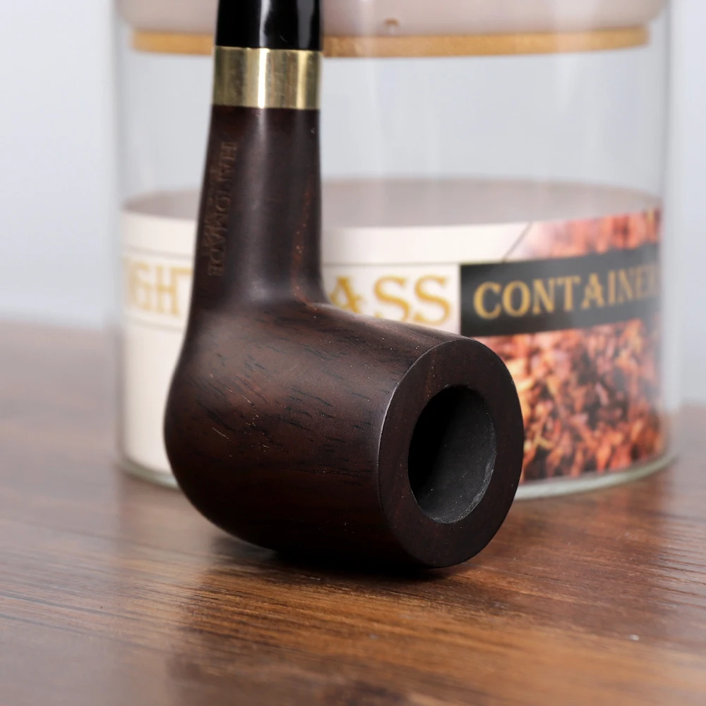 JIBILL Classic Straight Handle Billiard Pipe Sandalwood Tobacco Pipe Set Metal Decorative Ring 9mm Channel with Clean Set